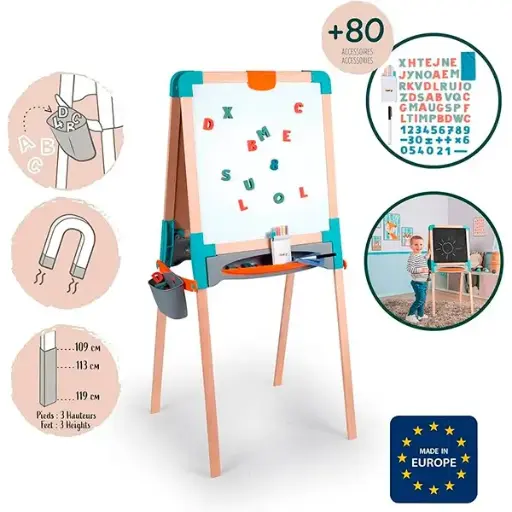 Tableau Bois - Double Face Blanche Magnétique + Ardoise Craie - Pliable - 80 Accessoires Inclus - 72 Lettres et Chiffres Magnétiques - A Partir de 3 Ans